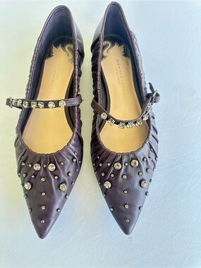 Plum Pointed Mary Jane Flats with Crystal Embellishments